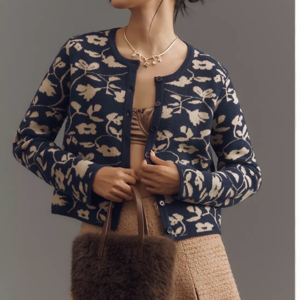 Women’s Anthropologie NVLT Floral Lady Cardigan Coat Navy Medium